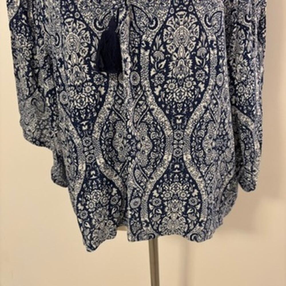 Fifteen Twenty Blue White Boho Tassel Blouse - Picture 3 of 12